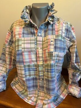 crown & ivy Pastel Plaid Button-Down Ruffle collar Shirt